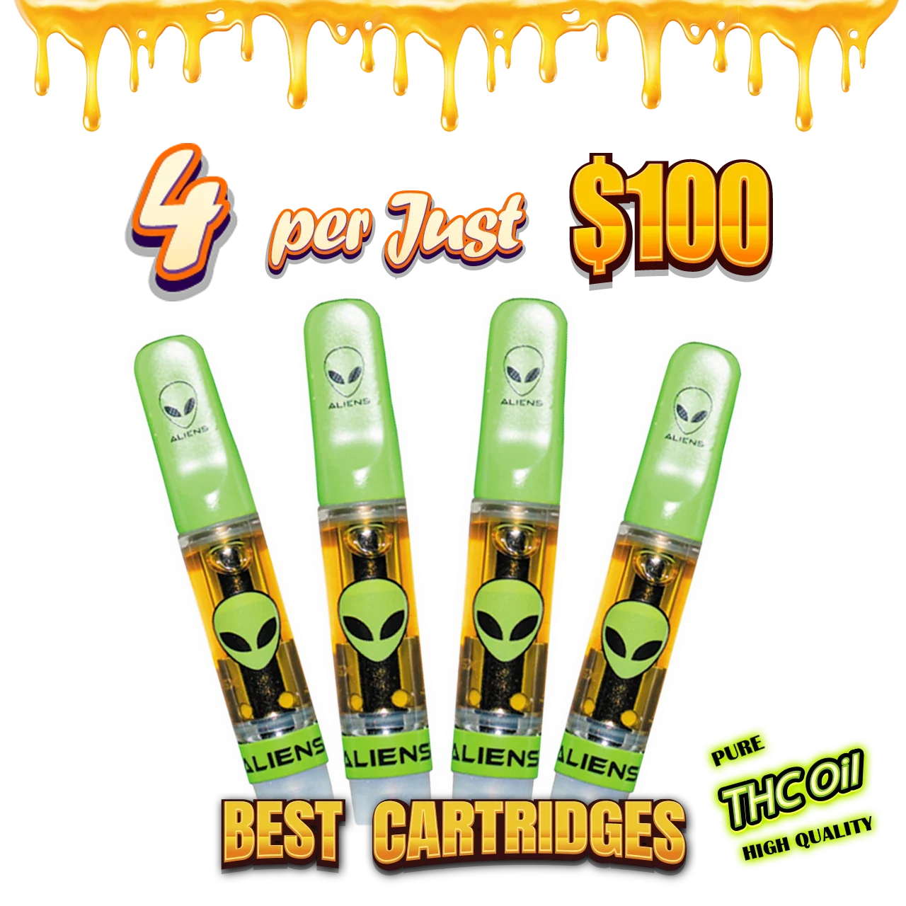 4 Aliens cartridges for just $100 — pure THC oil